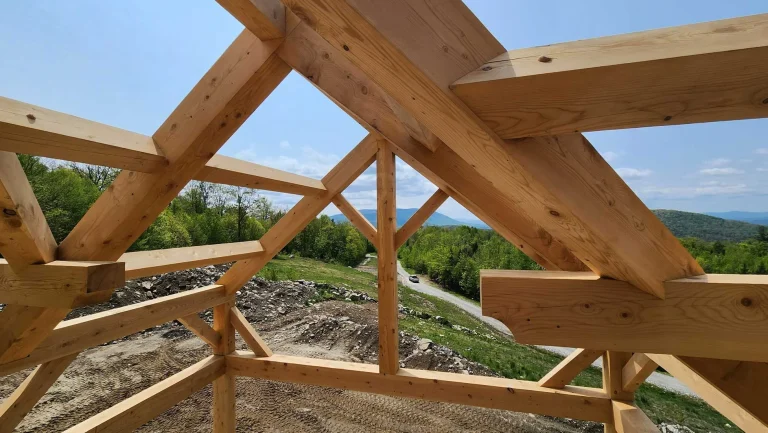 Timber frame rafters and braces raised on a hilltop with a valley view